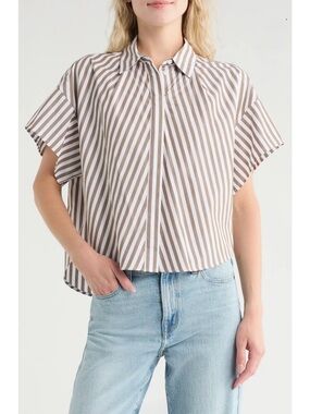rag & bone Maura Stripe Cotton Poplin Button-Up Shirt - Size XL